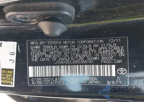 2011 Toyota Prius Four from USA, damaged, VIN JTDKN3DU6B5368181